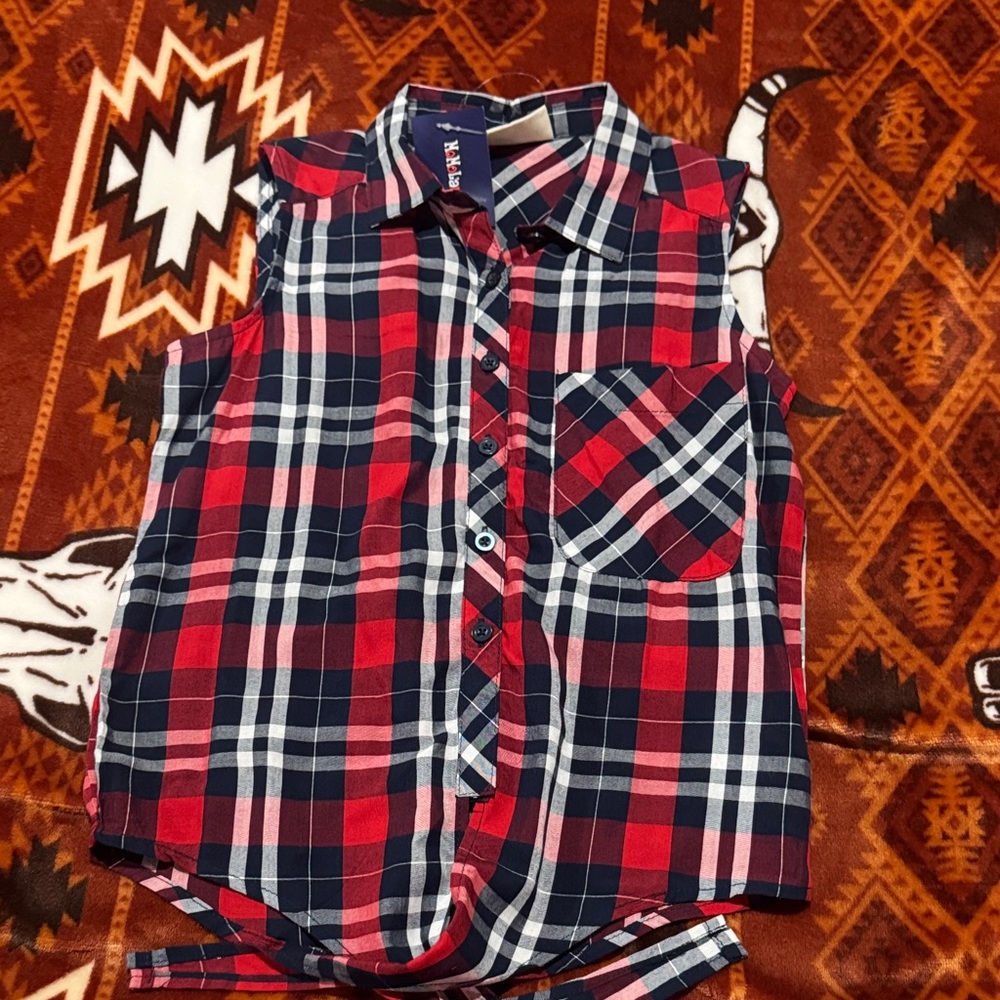 Sleeveless Kids Plaid Button-Up Shirt - Red & Navy